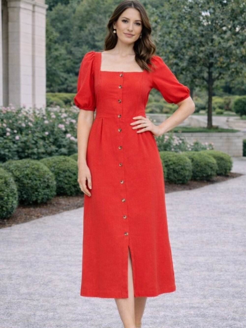 NWOT Old Navy Linen-Blend Button-Front Midi Dress Coral XS